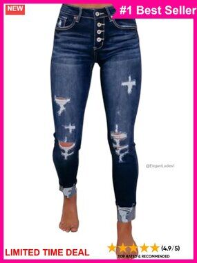 Women's Ripped Skinny Slim Fit Jeans Frayed Distressed Stretchy Denim Pants
